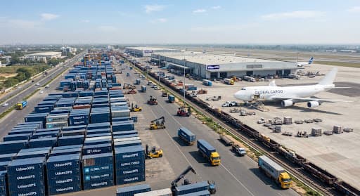 Expansive modern daylight container freight terminal and air charter cargo hub