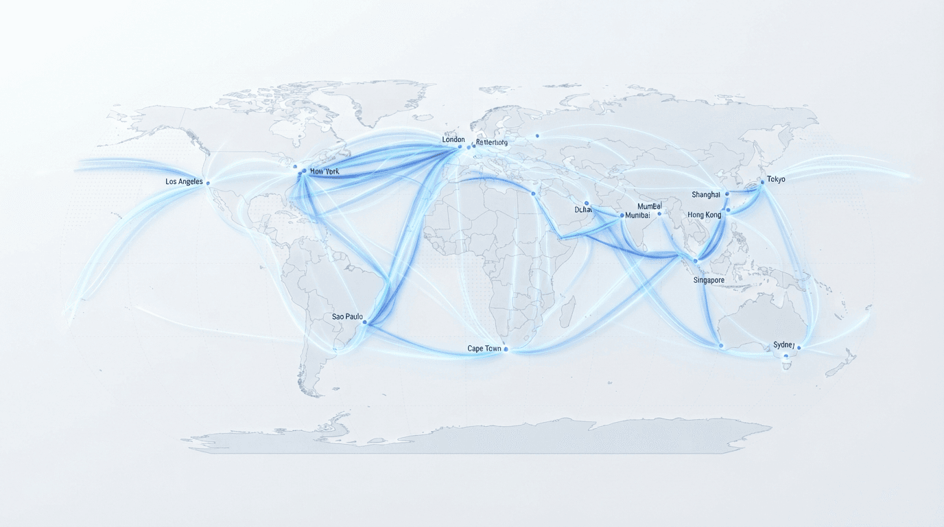 Ultra-clean futuristic world map visualization on a crisp white background with glowing cyan and cobalt arcs connecting global trade lanes